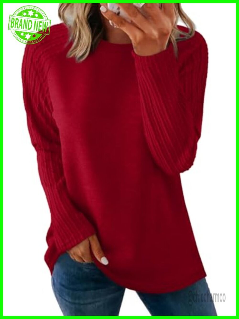 Oversized Crewneck Sweatshirt Cable Knit Sleeve Tunic Top